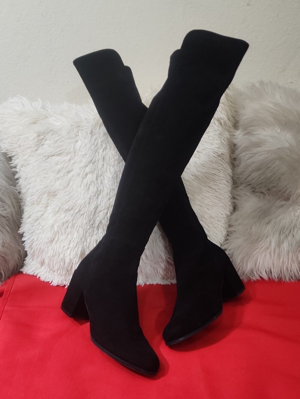 Stuart Weitzman Black Suede Over-the-Knee Block Heel Boots